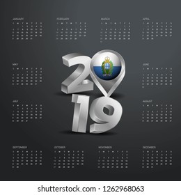 2019 Calendar Template. Grey Typography with San Marino Country Map Golden Typography Header