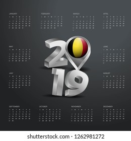2019 Calendar Template. Grey Typography with Belgium Country Map Golden Typography Header