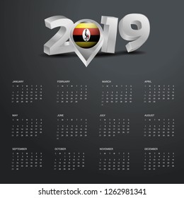 2019 Calendar Template. Grey Typography with Uganda Country Map Golden Typography Header