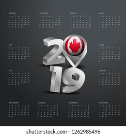 2019 Calendar Template. Grey Typography with Canada Country Map Golden Typography Header