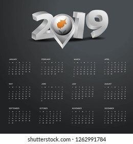 2019 Calendar Template. Grey Typography with Cyprus Country Map Golden Typography Header