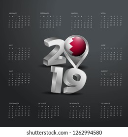 2019 Calendar Template. Grey Typography with Bahrain Country Map Golden Typography Header