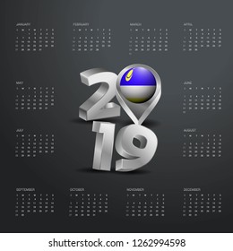 2019 Calendar Template. Grey Typography with Buryatia Country Map Golden Typography Header