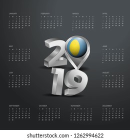 2019 Calendar Template. Grey Typography with Palau Country Map Golden Typography Header