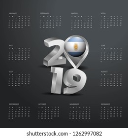 2019 Calendar Template. Grey Typography with Argentina Country Map Golden Typography Header
