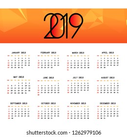 2019 Calendar Template. Happy New Year Background
