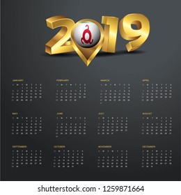2019 Calendar Template. Ingushetia Country Map Golden Typography Header