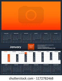 2019 Calendar template. January. Place for your photo. Business Planner Template. Stationery Design. Week starts Sunday. 1 large month on the page and all year little months. Vector Illustration.