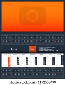 2019 Calendar template. June. Place for your photo. Business Planner Template. Stationery Design. Week starts Sunday. 1 large month on the page and all year little months. Vector Illustration