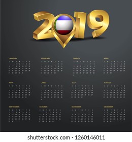 2019 Calendar Template. Khakassia Country Map Golden Typography Header