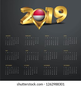 2019 Calendar Template. Monaco Country Map Golden Typography Header