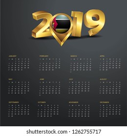 2019 Calendar Template. Mozambique Country Map Golden Typography Header