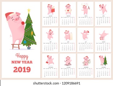 2019 calendar template. New year celebration pig character at design calendar planner pages vector layout diary months. Illustration of calendar to new year with pink pig