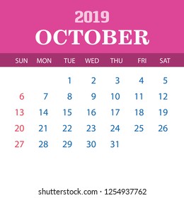 2019 Calendar Template - October