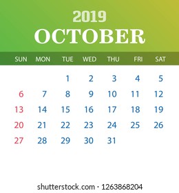 2019 Calendar Template - October
