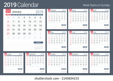 2019 Calendar template, planner, 12 pages, week starts on Sunday, vector eps10 illustration