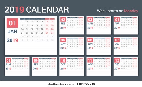 2019 Calendar template, planner, 12 pages, week starts on Monday, vector eps10 illustration