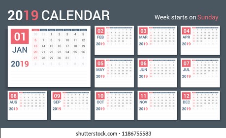 2019 Calendar template, planner, 12 pages, week starts on Sunday, vector eps10 illustration