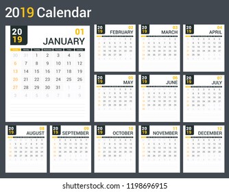 2019 Calendar template, planner, 12 pages, week starts on Sunday, vector eps10 illustration