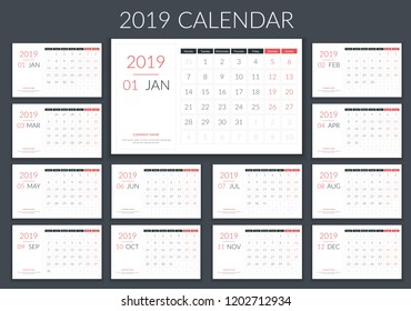 2019 Calendar template, planner, 12 pages, week starts on Monday, vector eps10 illustration