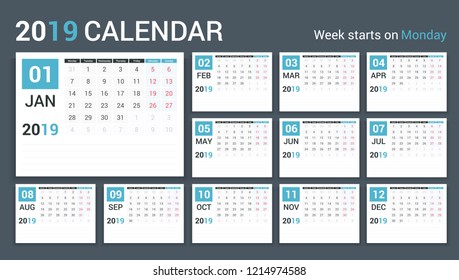2019 Calendar template, planner, 12 pages, week starts on Monday, vector eps10 illustration