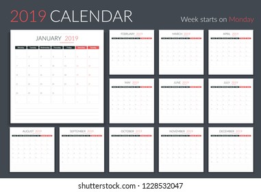 2019 Calendar template, planner, 12 pages, week starts on Monday, vector eps10 illustration