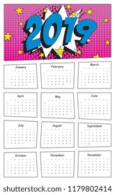 2019 calendar template in pop art style. retro comic vector illustration with radial lines and halftone background