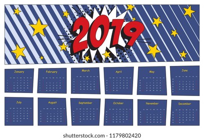 2019 calendar template in pop art style. retro comic vector illustration with radial lines and halftone background