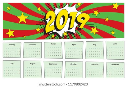 2019 calendar template in pop art style. retro comic vector illustration with radial lines and halftone background