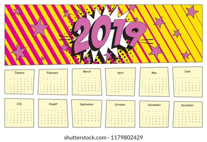 2019 calendar template in pop art style. retro comic vector illustration with radial lines and halftone background