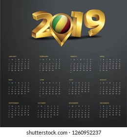 2019 Calendar Template. Republic of the Congo Country Map Golden Typography Header