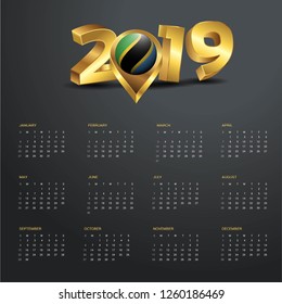 2019 Calendar Template. Tanzania Country Map Golden Typography Header