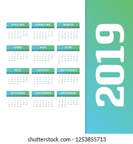 2019 Calendar Template. Vector background