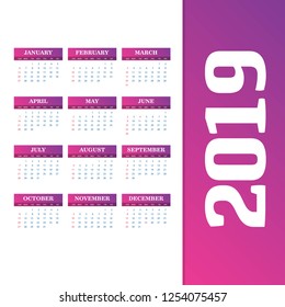 2019 Calendar Template. Vector background