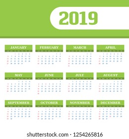2019 Calendar Template. Vector background