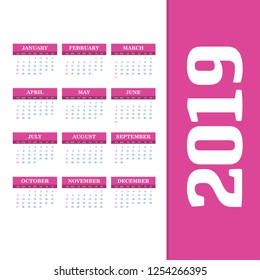 2019 Calendar Template. Vector background