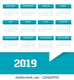 2019 Calendar Template. Vector background