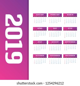 2019 Calendar Template. Vector background