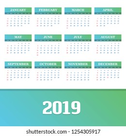 2019 Calendar Template. Vector background
