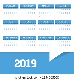 2019 Calendar Template. Vector background