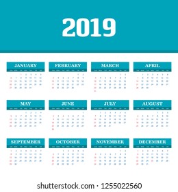 2019 Calendar Template. Vector background