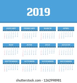 2019 Calendar Template. Vector background
