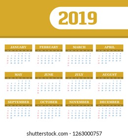 2019 Calendar Template. Vector background