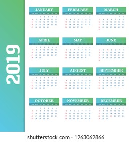 2019 Calendar Template. Vector background