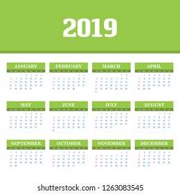 2019 Calendar Template. Vector background