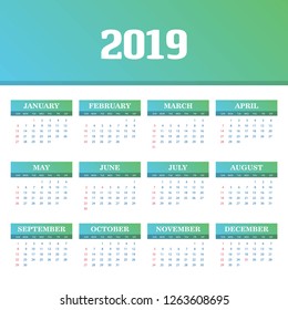2019 Calendar Template. Vector background