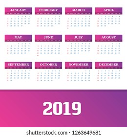 2019 Calendar Template. Vector background