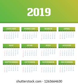 2019 Calendar Template. Vector background