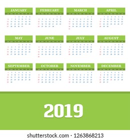2019 Calendar Template. Vector background