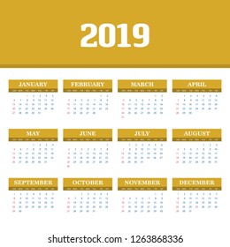 2019 Calendar Template. Vector background